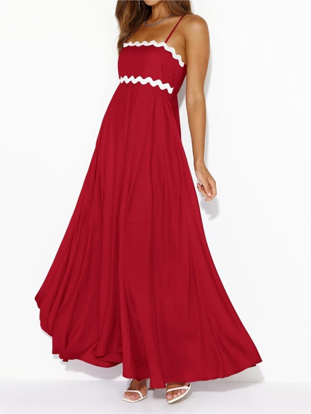 〽️Women's Red Spaghetti Strap Casual Sleeveless Smocked Boho Maxi Dress